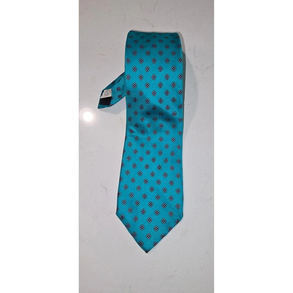Roberto Capucci Silk Tie Teal Blue Geometric Foulard Hand Printed England USA